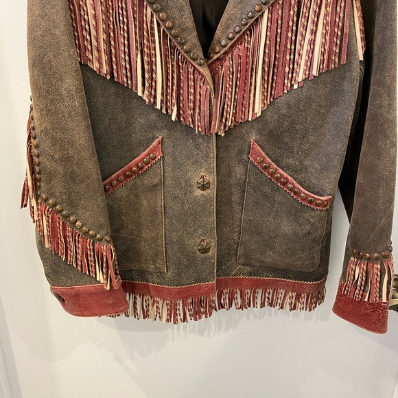 Double D Ranch Brown and Red Leather Jacket with Fringe - Picture 5 of 9